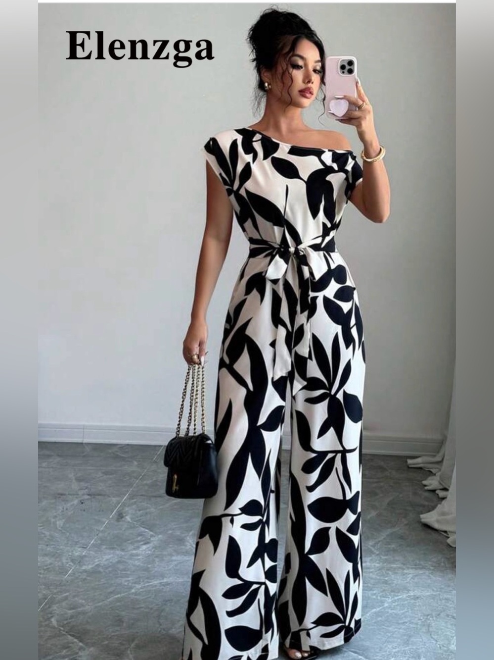 Off-Shoulder Black & White Leaf Print Jumpsuit